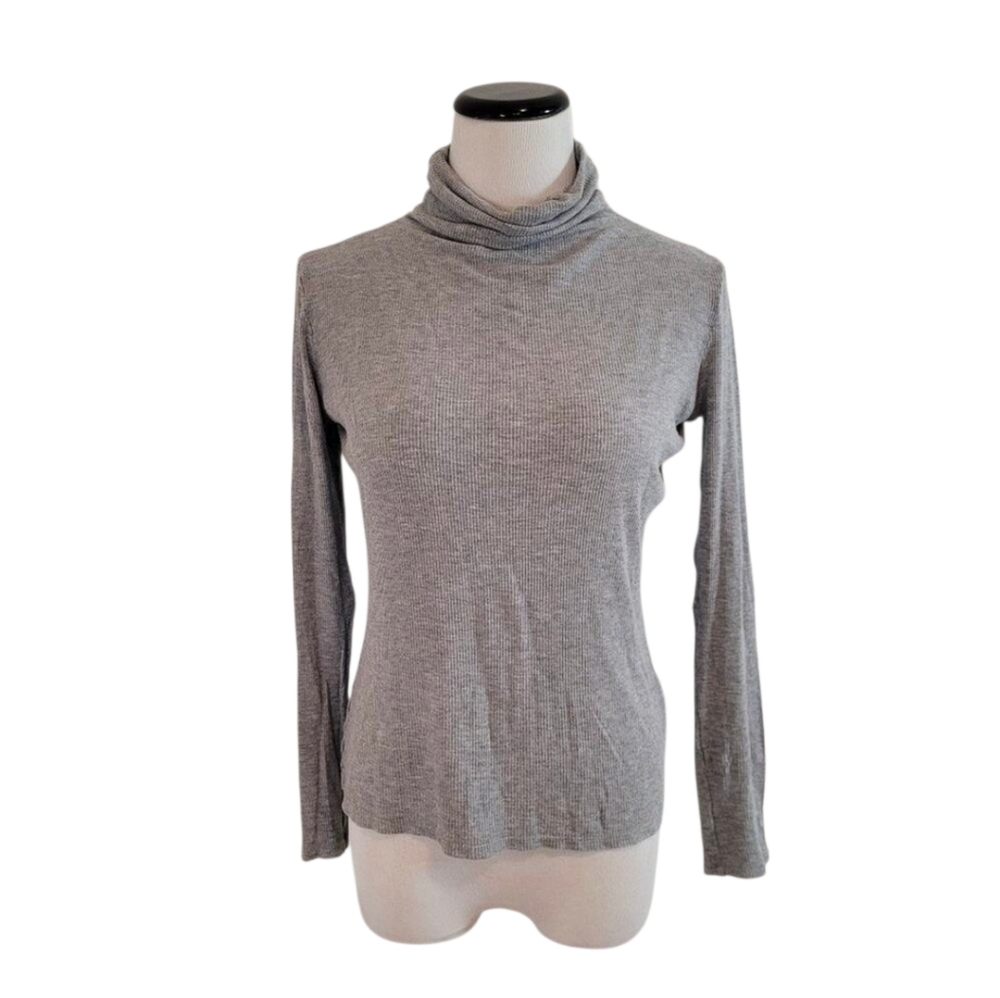 Vince Thin Ribbed Turtleneck Tee Top Gray  S